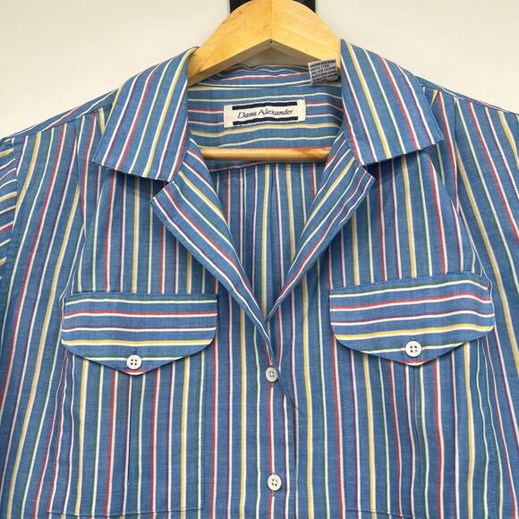 Vtg. Dana Alexander Button up Blouse Women's 16 Stripped Blue Short Sleeve - Picture 4 of 7